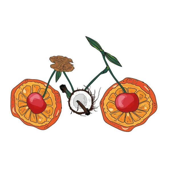 Ilustração Vetorial Uma Bicicleta Feita Frutas Logotipo Eco Emblema Vida — Vetor de Stock