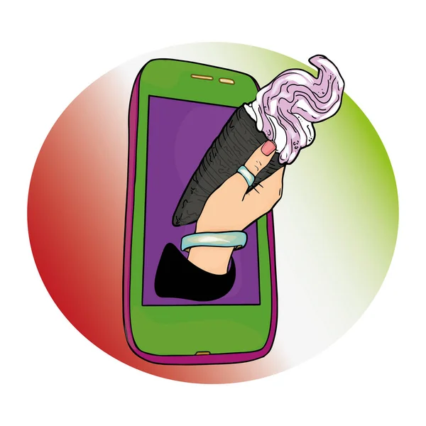 Vector Illustration Online Dessert Sales Hand Ice Cream Mobile Phone — ストックベクタ