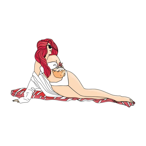 Flat Summer Illustration Girl Beach Cocktail Blank Designer Logo Icon — 스톡 벡터