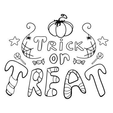 Halloween inscription trick or treat vector image. Font in Halloween style, autumn leaves, candy logo, icon, blank for designer, postcards