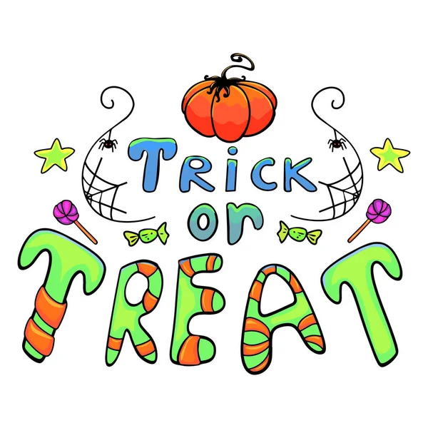 Halloween inscription trick or treat vector image. Font in Halloween style, autumn leaves, candy logo, icon, blank for designer, postcards