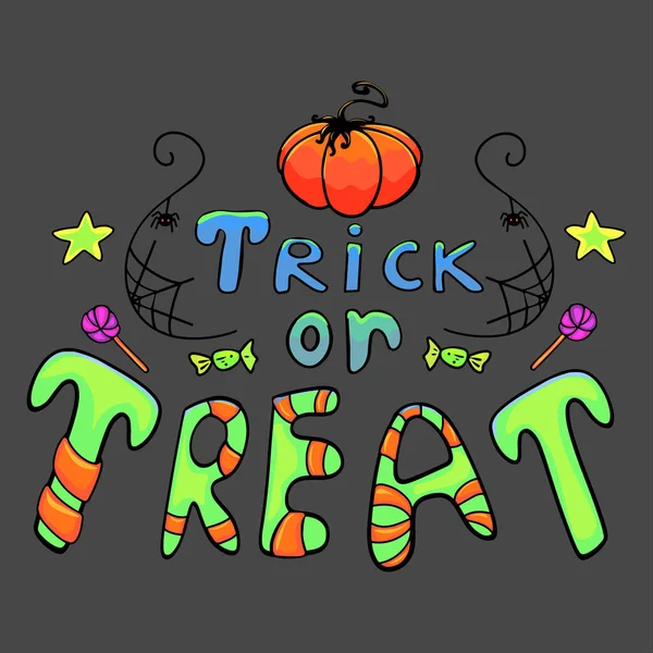 Halloween inscription trick or treat vector image. Font in Halloween style, autumn leaves, candy logo, icon, blank for designer, postcards
