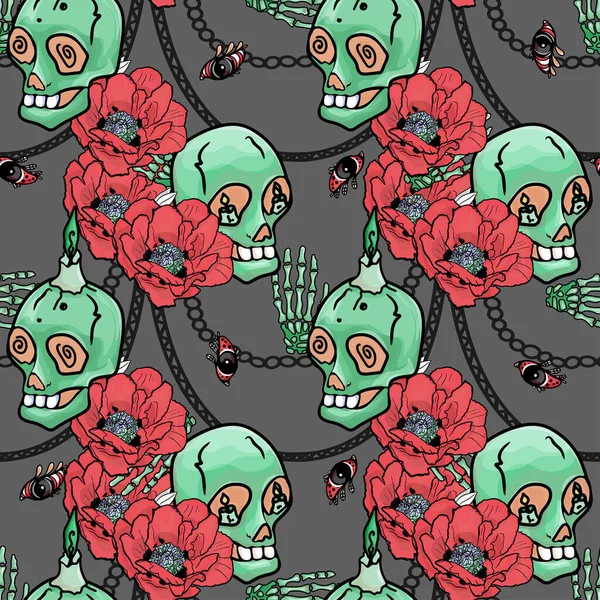 Pattern Skulls Chains Tropical Flowers Halloween Seamless Illustration Textile Printing — Stockfoto