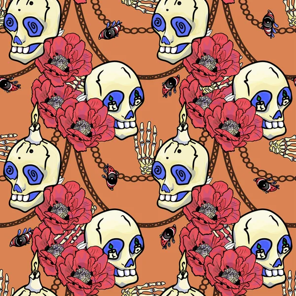 Pattern Skulls Chains Tropical Flowers Halloween Seamless Illustration Textile Printing — Stockfoto