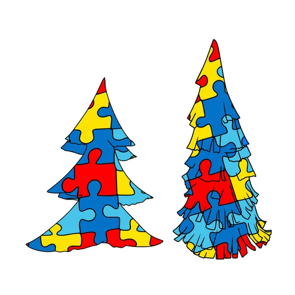 Isolated illustration autism therapy ABA. Illustration of Christmas trees in puzzles as a blank for designers, logo, icon, social therapy