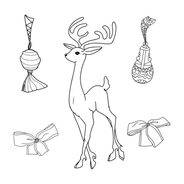 A set of a Christmas deer, Christmas tree decorations, dissatisfied bows. New Year set as a blank for a designer, logo, icon