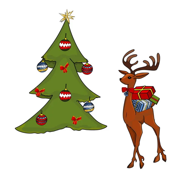 Isolated Illustration Deer Gifts Christmas Tree New Year Set Designer — Stockvektor