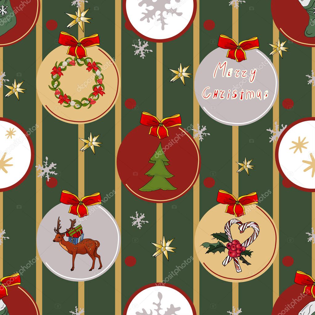 Vector seamless new year pattern on a colored background. Champagne, winter gloves, New Year's toys, ears, gift, New Year's bell for printing, stickers, logo, blank for designers