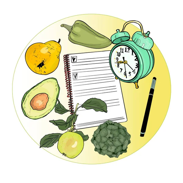Grande Conjunto Produtos Vegetarianos Relógio Despertador Bloco Notas Dieta Nutricionista — Fotografia de Stock