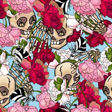 Tropik çiçek deseni, kafatasları. Yazdırma için kusursuz tasarım, tasarımcı için boş