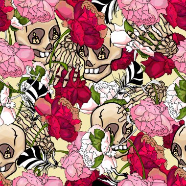 Tropik çiçek deseni, kafatasları. Yazdırma için kusursuz tasarım, tasarımcı için boş