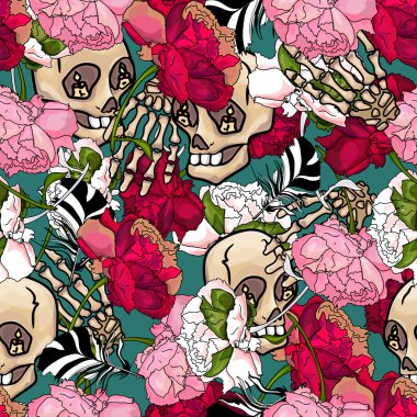 Tropik çiçek deseni, kafatasları. Yazdırma için kusursuz tasarım, tasarımcı için boş