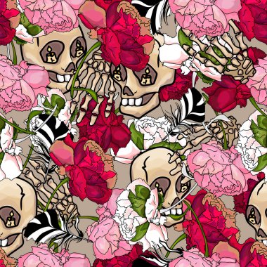 Tropik çiçek deseni, kafatasları. Yazdırma için kusursuz tasarım, tasarımcı için boş