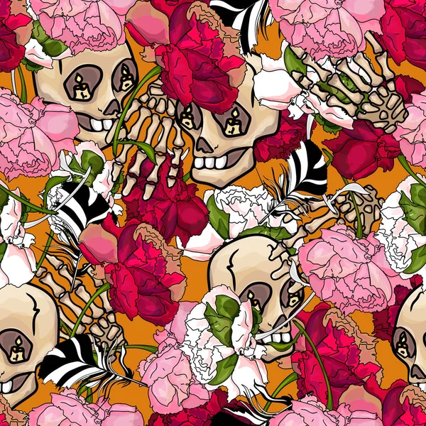 Muster Tropischer Blumen Totenköpfe Mode Nahtlose Illustration Für Den Druck — Stockvektor