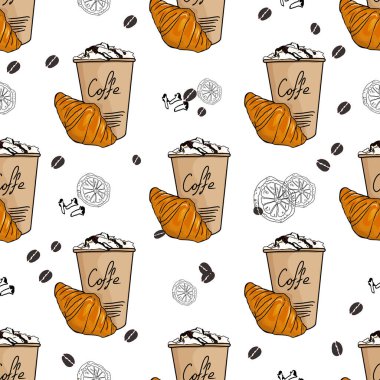 Kahve kalıbı, kruvasan, şarap için yiyecek. Menü kusursuz bir illüstrasyon. Tasarımcılar, logolar, simgeler, etiketler için boş bir kafe