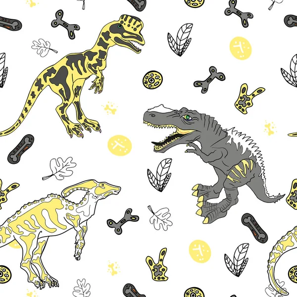 Ilustración Perfecta Dinosaurios Con Huesos Sobre Fondo Color Patrón Rex — Archivo Imágenes Vectoriales