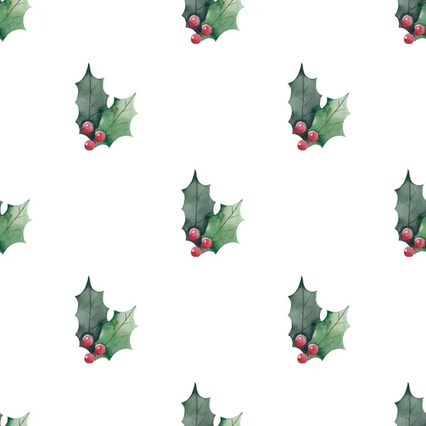 Winter Seamless pattern with watercolor holly berries. Christmas rowan background — Stock Photo, Image