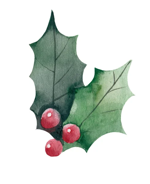 Aquarel Kerst Holly Met Hand Schilderen Aquarel Illustratie Voor Wenskaarten — Stockfoto