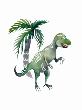 Tyranosaurus Rex Dinozor posteri. Şirin Dino ve tarih öncesi dönemin doğasının diğer fantastik unsurları. karikatür duvarı sanat dinozorları suluboya resim tarzında çocuklar için..