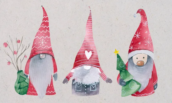可爱的圣诞贺卡 带有滑稽的侏儒 用北欧北欧的红色帽子画图 冬天的圣诞贺卡 节日的问候 — 图库照片