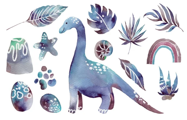 Dinosaur Set clipart. Lindo Dino y otros elementos fantásticos de la naturaleza del período prehistórico. dinosaurios de dibujos animados para niños ilustración —  Fotos de Stock
