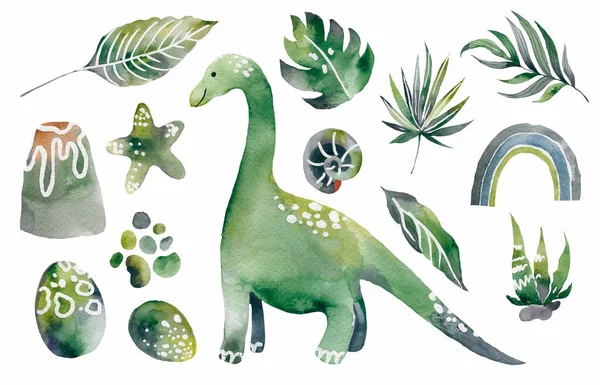 Плакат динозавра брахиозавра. Милый Дино и другие фантастические элементы природы доисторического периода. — стоковое фото