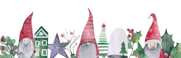 Kartka świąteczna, pozdrowienia sezonowe, słodkie krasnale świąteczne w czerwonych kapeluszach — Zdjęcie stockowe