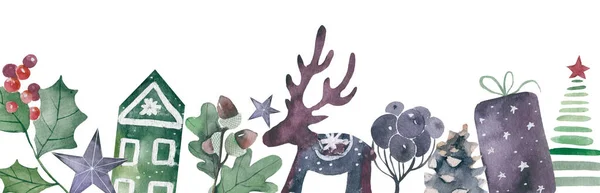 Carta disegnata a mano, stendardo con simpatici animali in cappelli di Babbo Natale, scintille, albero, regali, ornamenti, testo Buon Natale. illustrazione. — Foto Stock