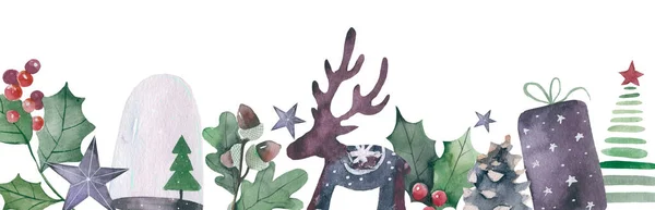 Handgezeichnete Karte, Banner mit niedlichen Tieren in Nikolausmützen, Wunderkerzen, Baum, Geschenke, Schmuck, Text Frohe Weihnachten. illustration. — Stockfoto
