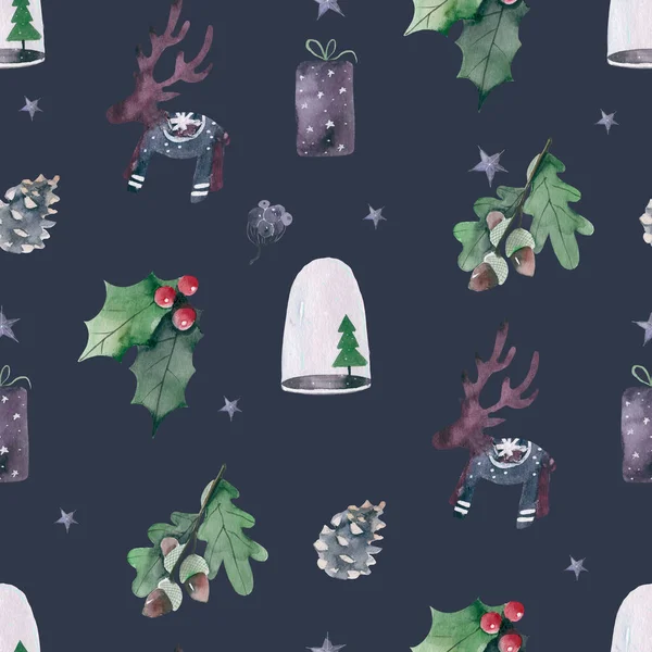 Χριστουγεννιάτικο μοτίβο χωρίς ραφές με ξωτικά και χριστουγεννιάτικα δέντρα Χαριτωμένα στοιχεία υδατογραφίας σε σκανδιναβικό στυλ. Επεξεργάσιμο Χειμώνας απεικόνισης — Φωτογραφία Αρχείου