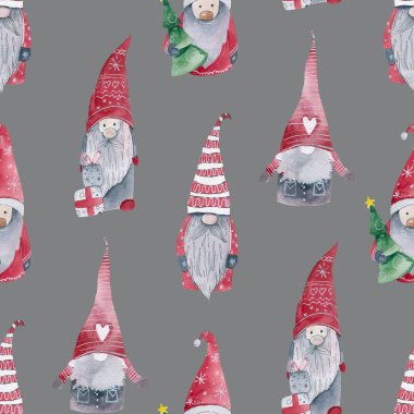Koyu mavi arka planda küçük cüceler pürüzsüz desenler. Hediye taşıyan şapkalı Noel cücesi