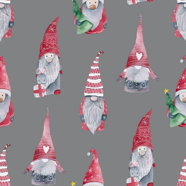 Little gnomes seamless pattern on a dark blue background. Christmas gnome in a hat holding a gift — Foto Stock