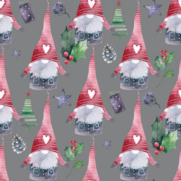 Little gnomes seamless pattern on a dark blue background. Christmas gnome in a hat holding a gift — Stockfoto