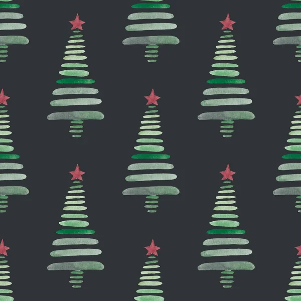 가시없는 크리스마스 트리들 이 화려 한 수채 나무들의 무늬 디자인을 배경으로 하고 있다. 새해 복 많이 받으세요. — 스톡 사진