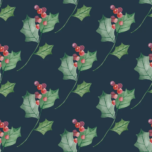 Christmas Holly berry. Patrón sin costuras. Holly - patrón natural sin costuras de invierno - fondo de Navidad Ramas elegantes de plantas de invierno —  Fotos de Stock