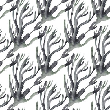 Coral seaweed marine plants seamless pattern. Sea reef algae background. Underwater hand drawn flora design.