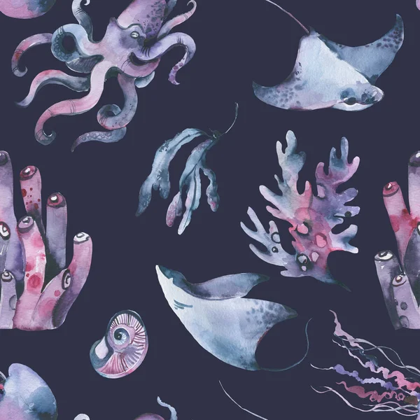 Zee, nautisch, marine patroon met geïsoleerde hand geschilderde aquarel — Stockfoto