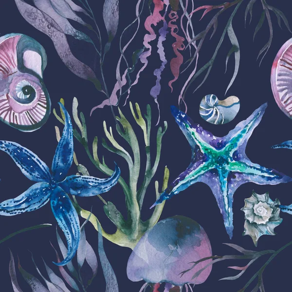 海の生命水彩シームレスパターン図。海草｜海動物 — ストック写真