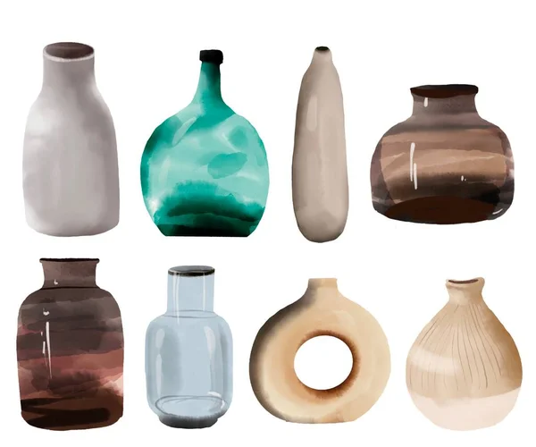 Modern trendy Vases minimalist drawing Boho interior elements Stock Photo