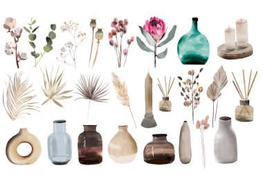 Kurutulmuş Boho Çiçekleri tebrik kartları, davetiyeler, posterler için tasarlandı. Modern suluboya illüstrasyon. Bohem estetiği.