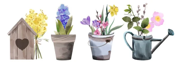 Printemps éléments d'illustration de jardin mis heureux printemps isoler ensemble sur fond blanc. icônes dessin mignon Images De Stock Libres De Droits