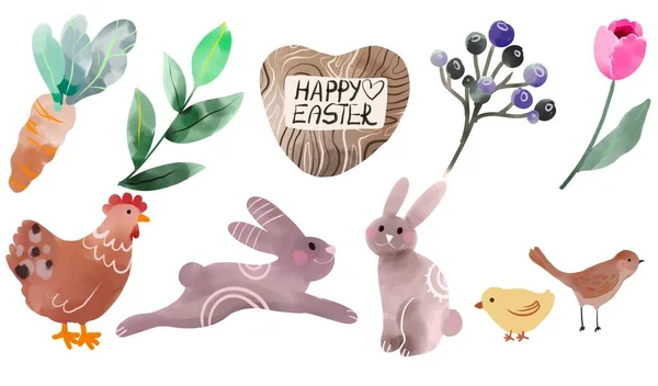 Printemps Pâques boho éléments d'illustration mis heureux printemps isoler ensemble sur fond blanc. icônes dessin mignon Image En Vente