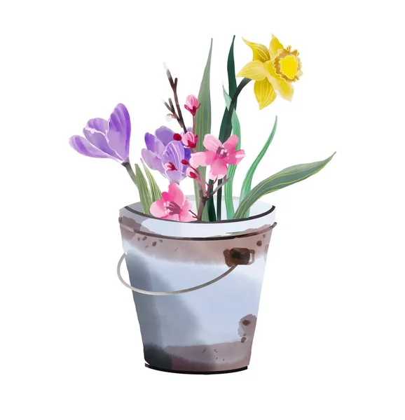 Fleurs de printemps dans un seau éléments d'illustration de jardin mis heureux printemps Photos De Stock Libres De Droits