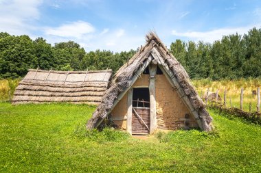 Çek Cumhuriyeti 'nin Nasavrky kentindeki Kelt açık hava müzesinde saman sazdan çatılı Kelt evi
