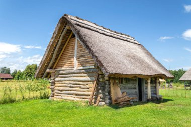 Çek Cumhuriyeti 'nin Nasavrky kentindeki Kelt açık hava müzesinde saman sazdan çatılı Kelt evi