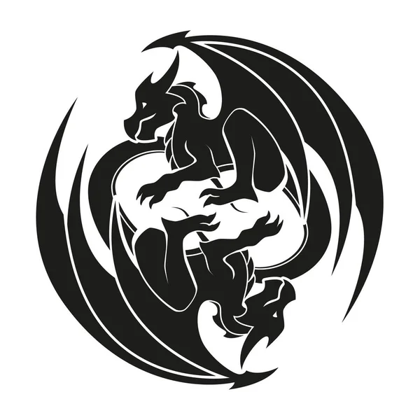 Dragones entrelazados en un círculo - Dragón símbolo, vector de ilustración en blanco y negro — Vector de stock