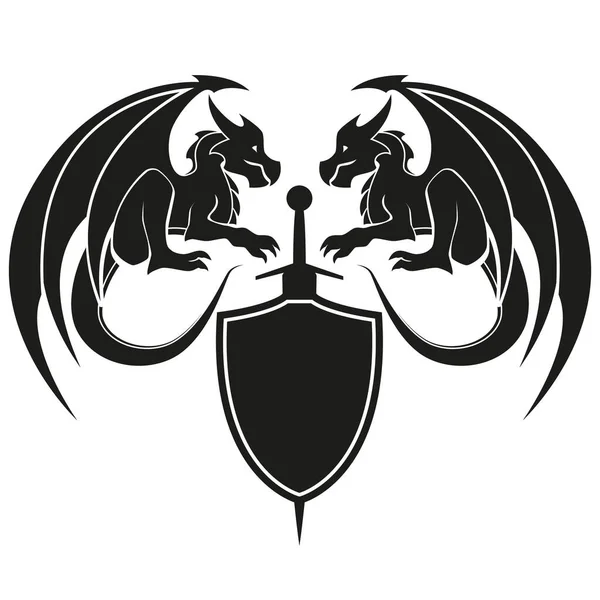 Zwei Drachen mit Schwert und Schild - Drachensymbol, schwarz-weißer Illustrationsvektor — Stockvektor