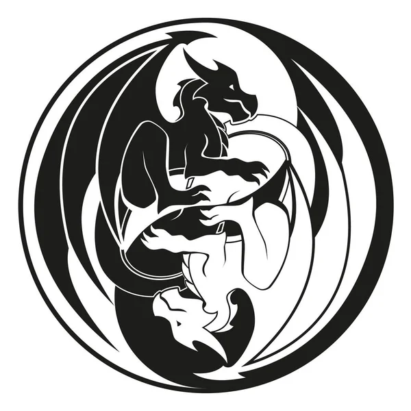 Dragones en el círculo de Yin y yang - Dragón símbolo, vector de ilustración en blanco y negro — Vector de stock