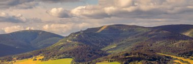 Panorama landscape with Snieznik Mountains, Kralicky Sneznik mountain and Sky Bridge 721 suspension tootbridge, Czech Republic, view from the Mountain of Holy Mother at Kraliky
