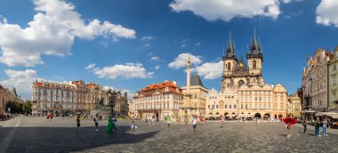 Prague, Czech republic - 07 31 2022: Old Town Square with Marian column and Church of Our Lady before Tyn